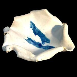 Very Large HAND‎ MADE Art Pottery Bowl White with Blue Design